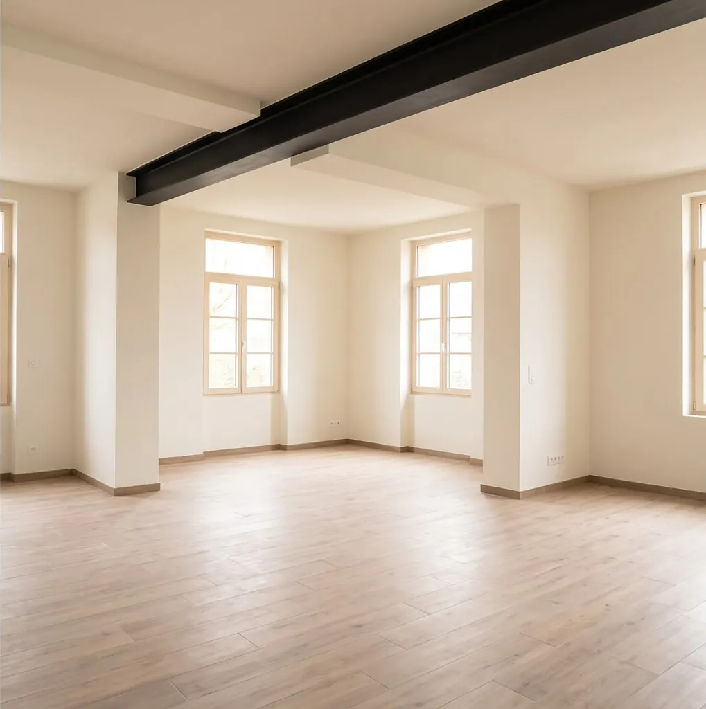 La même pièce terminée : poutre métallique apparente, murs clairs, parquet posé