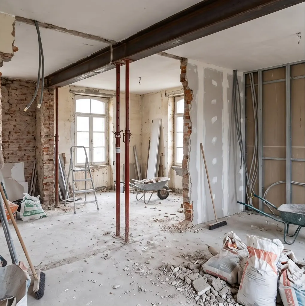 Grande pièce en chantier, vue de biais : étais sous la poutre, cloisons démontées, gravats