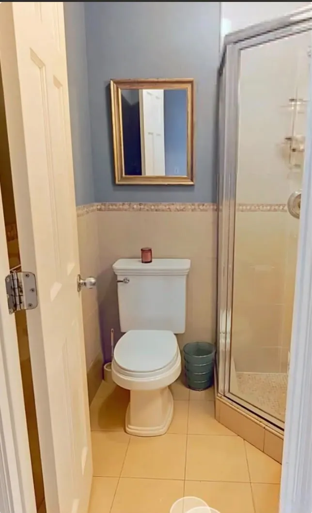Salle d’eau ancienne : WC, cabine de douche d’angle, mur bleu et miroir doré