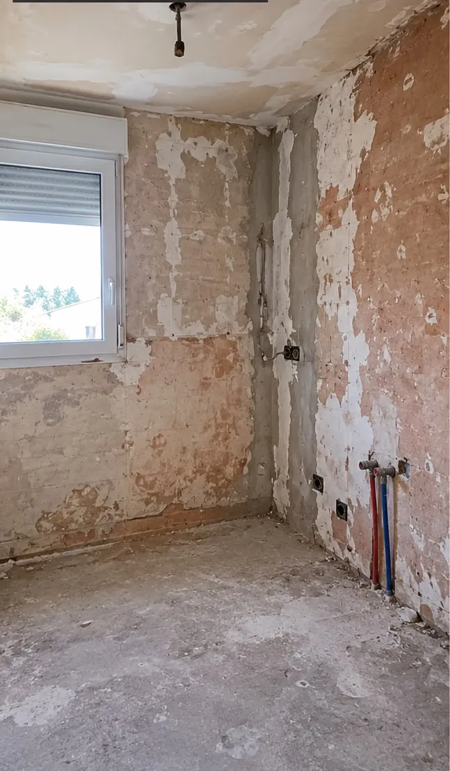 Pièce d’eau en travaux : enduits arrachés, murs à nu, sol en chape, tuyaux en attente