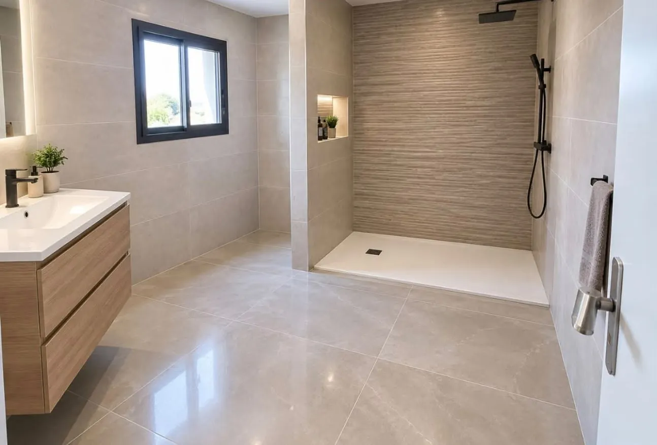 La même salle de bains refaite : douche de plain-pied à niche, grands carreaux clairs au sol et aux murs, meuble vasque en bois