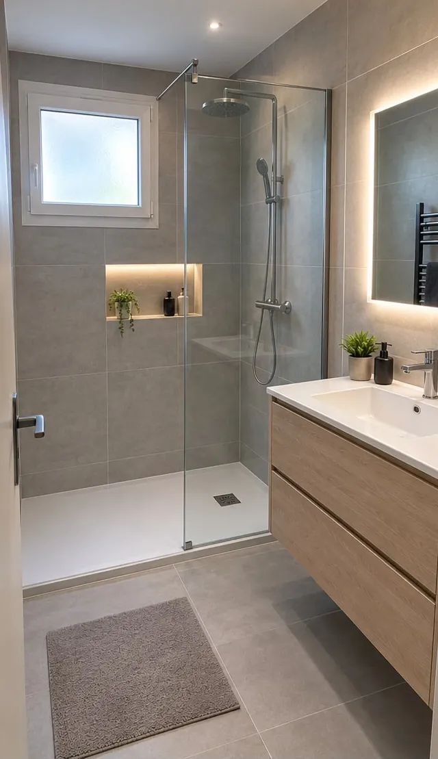 La même salle d’eau refaite : douche à paroi vitrée, niche éclairée, carreaux gris, meuble vasque en bois, miroir lumineux