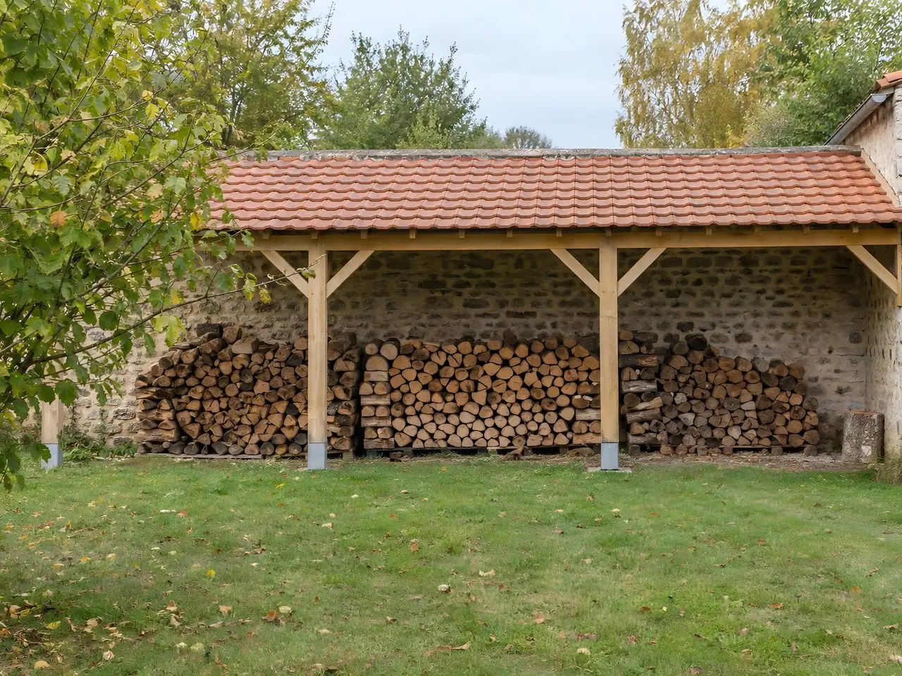 Préau en bois clair couvert de tuiles rouges contre un mur en pierre, bûches rangées en piles régulières dessous