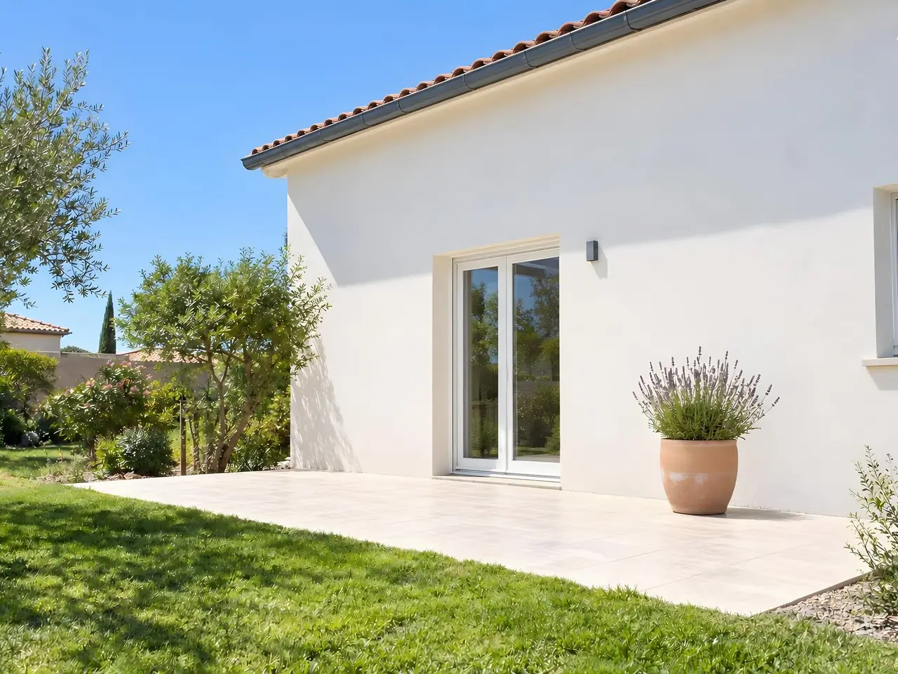 Terrasse dallée en plein soleil le long d’une maison enduite blanc cassé, porte-fenêtre blanche et pot de lavande