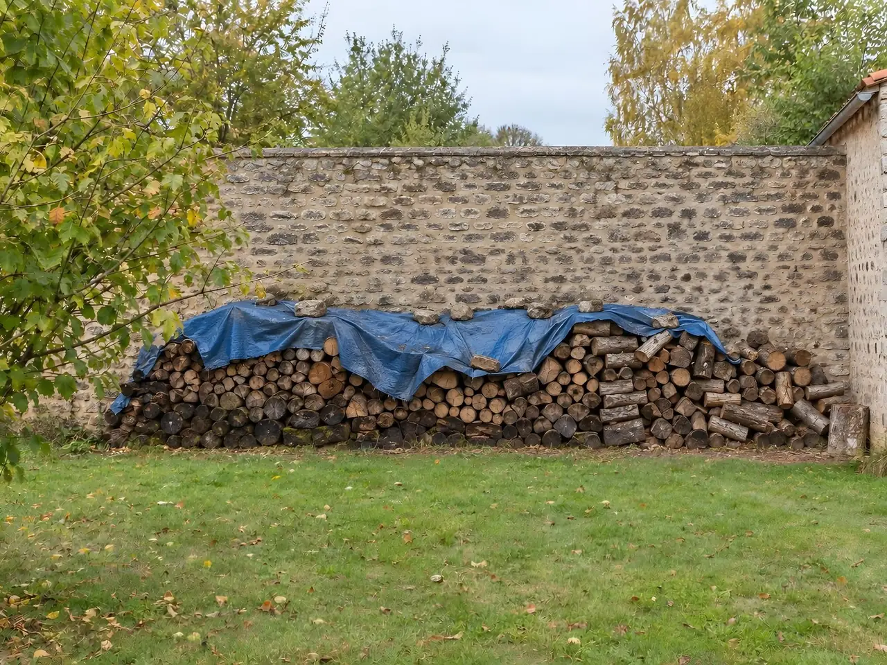 Bûches empilées à découvert contre un vieux mur en pierre, en partie sous une bâche bleue tenue par des pierres
