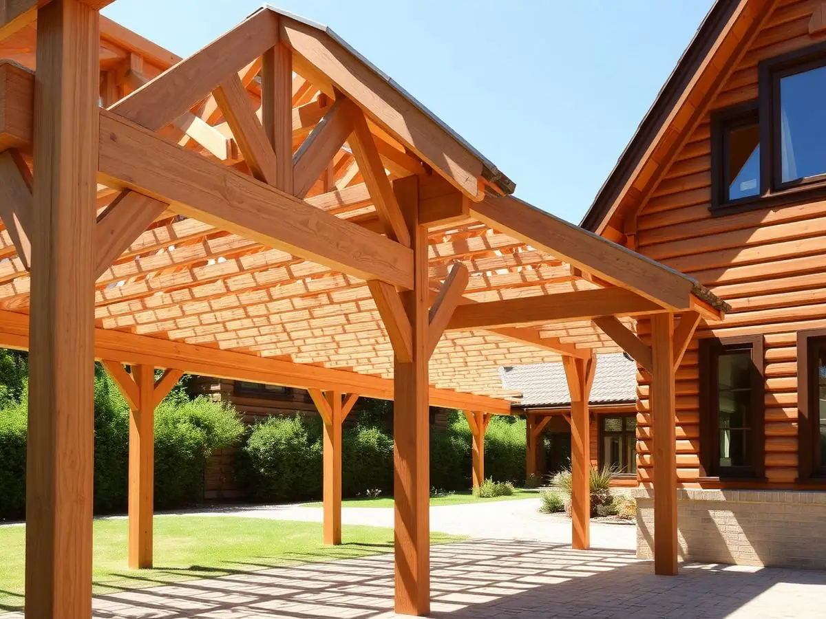 Carport en bois massif accolé à une maison en bois : poteaux, fermes et chevrons apparents au-dessus d’une cour pavée