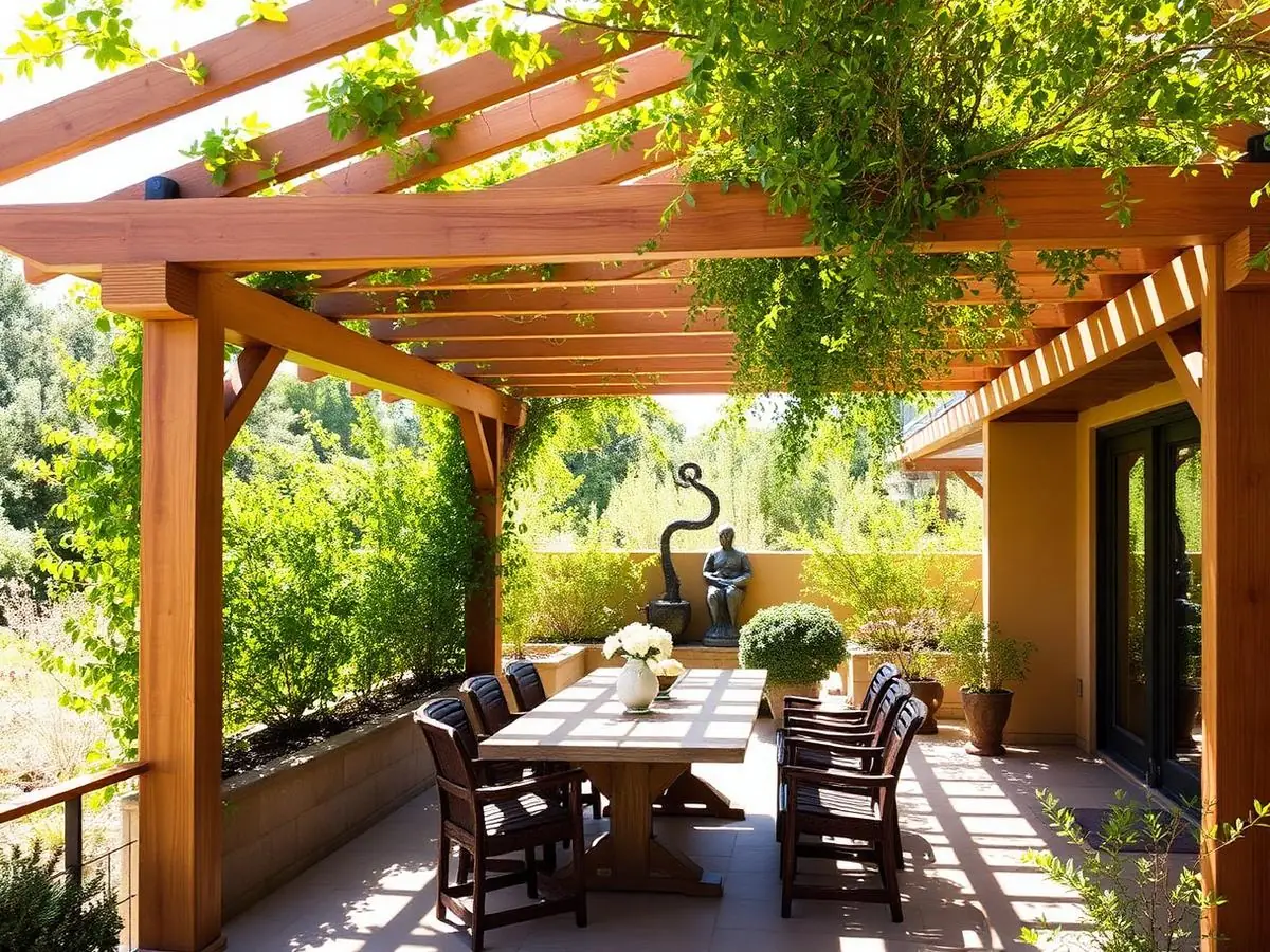 Pergola en bois couverte de plantes grimpantes au-dessus d’une terrasse dallée, grande table et chaises