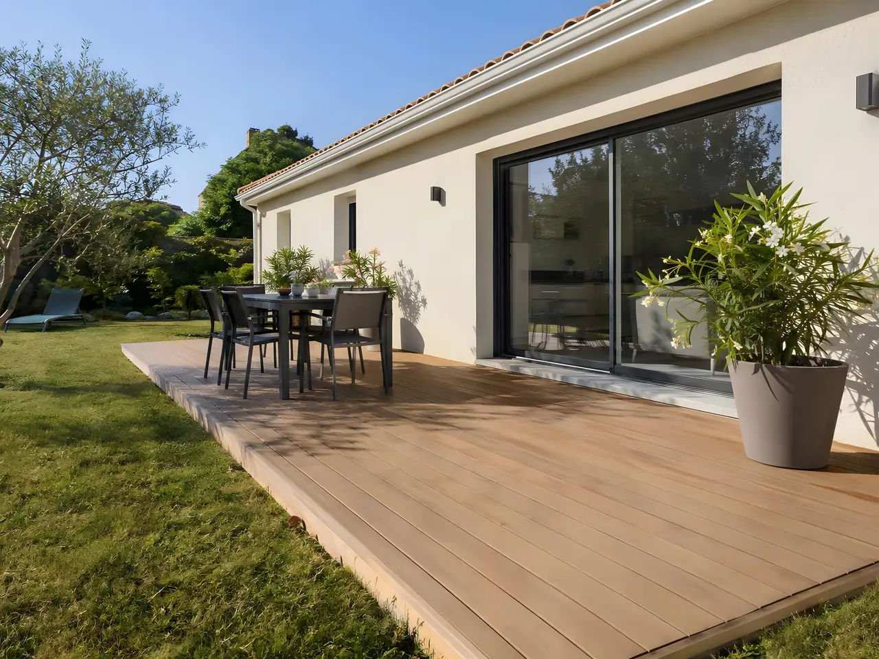 Terrasse en lames de bois de plain-pied devant une baie vitrée, avec table, chaises et grand pot fleuri