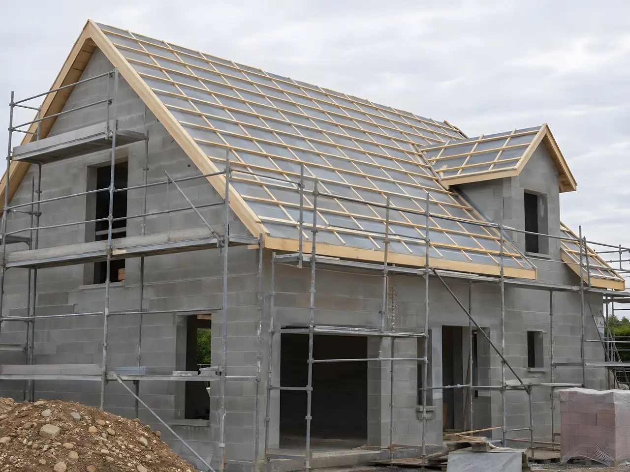 Maison neuve en parpaings sous échafaudage, charpente posée et couverte d’écran gris et de liteaux