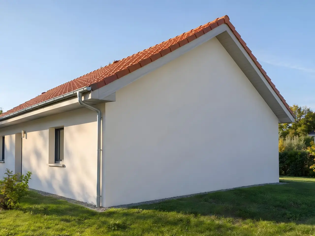 Angle d’une maison neuve enduite de blanc, planches de rive le long du pignon, sous-face fermée et gouttière neuve