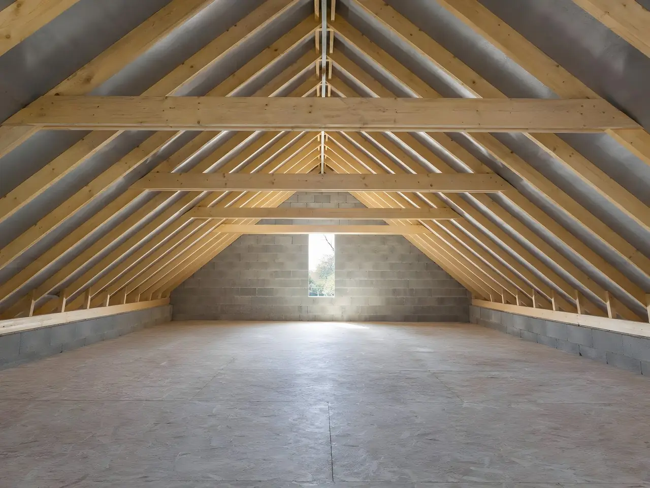 Futur grenier sous une charpente neuve en bois clair, chevrons réguliers sur écran gris au-dessus d’un plancher libre