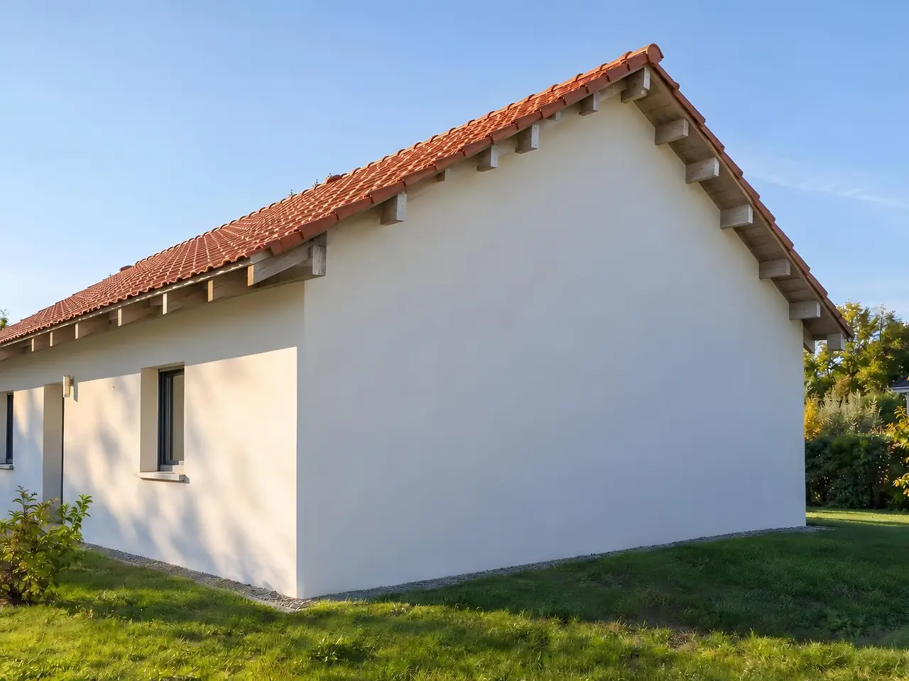 Angle d’une maison neuve enduite de blanc, bouts de liteaux et pieds de chevrons bruts qui dépassent sous les tuiles