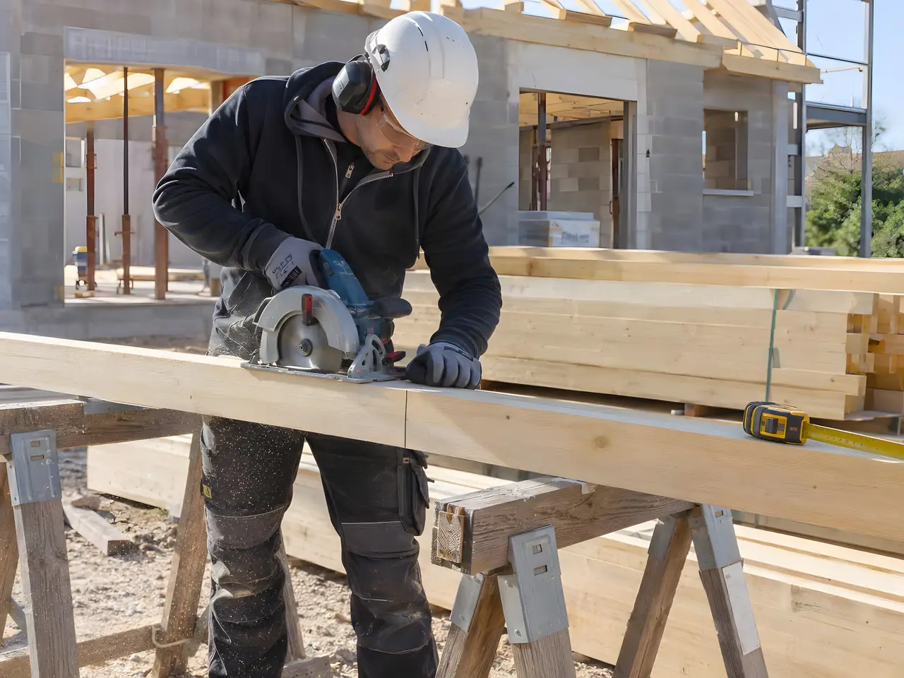 Charpentier casqué qui coupe une pièce de bois clair à la scie circulaire sur des tréteaux, devant une maison en chantier