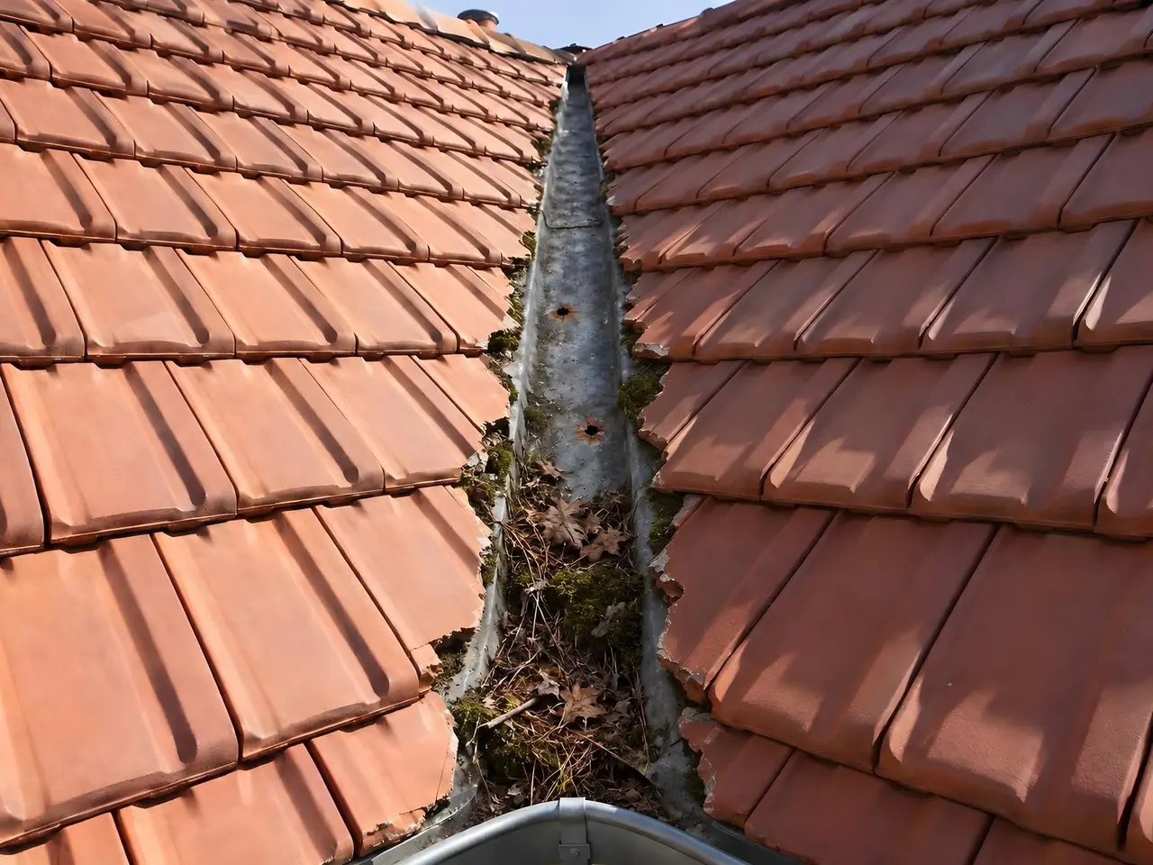 Noue en zinc terni entre deux pans de tuiles rouges, bouchée par des feuilles mortes et de la mousse