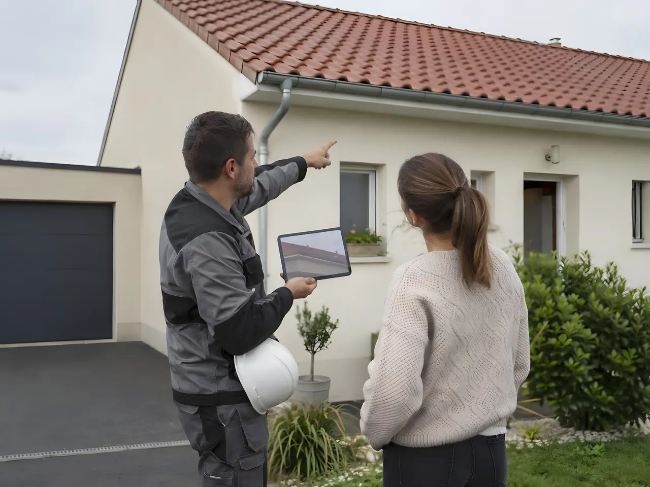 Couvreur, casque sous le bras et tablette à la main, qui montre le toit de tuiles d’une maison à une cliente