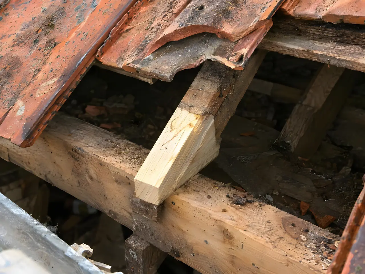 Pied de chevron refait en bois neuf clair, ajusté sur la vieille sablière sous les mêmes tuiles