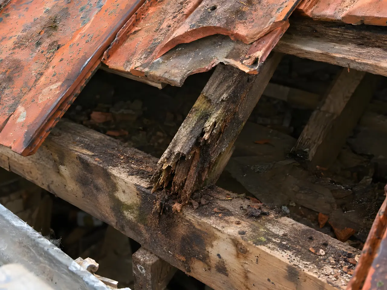 Pied de chevron pourri et effrité posé sur une sablière tachée, sous des tuiles anciennes soulevées