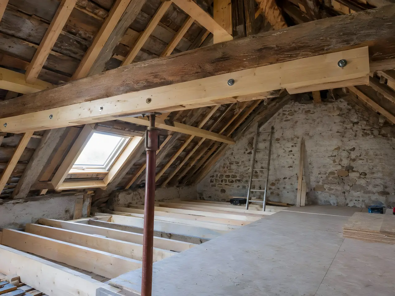 Grenier aux murs de pierre : vieille poutre doublée d’une pièce de bois neuf boulonnée, soutenue par un étai