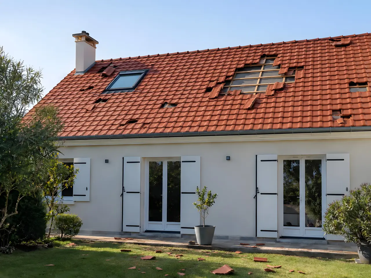 Maison aux volets blancs dont le toit de tuiles rouges a des tuiles arrachées, liteaux à nu et débris sur la pelouse