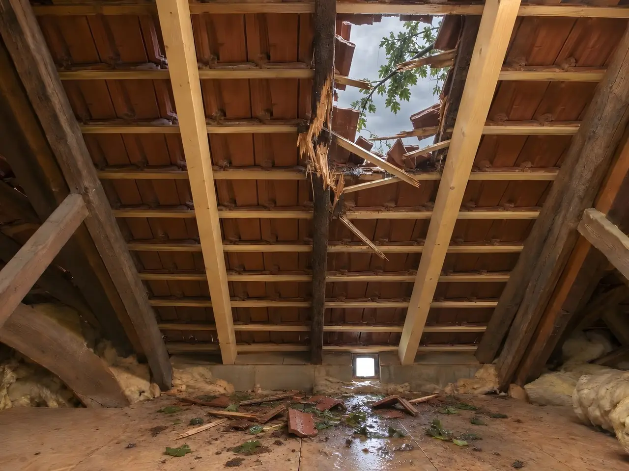 Grenier sous un toit percé par une branche, chevron foncé éclaté, débris de tuiles et feuilles sur le plancher mouillé
