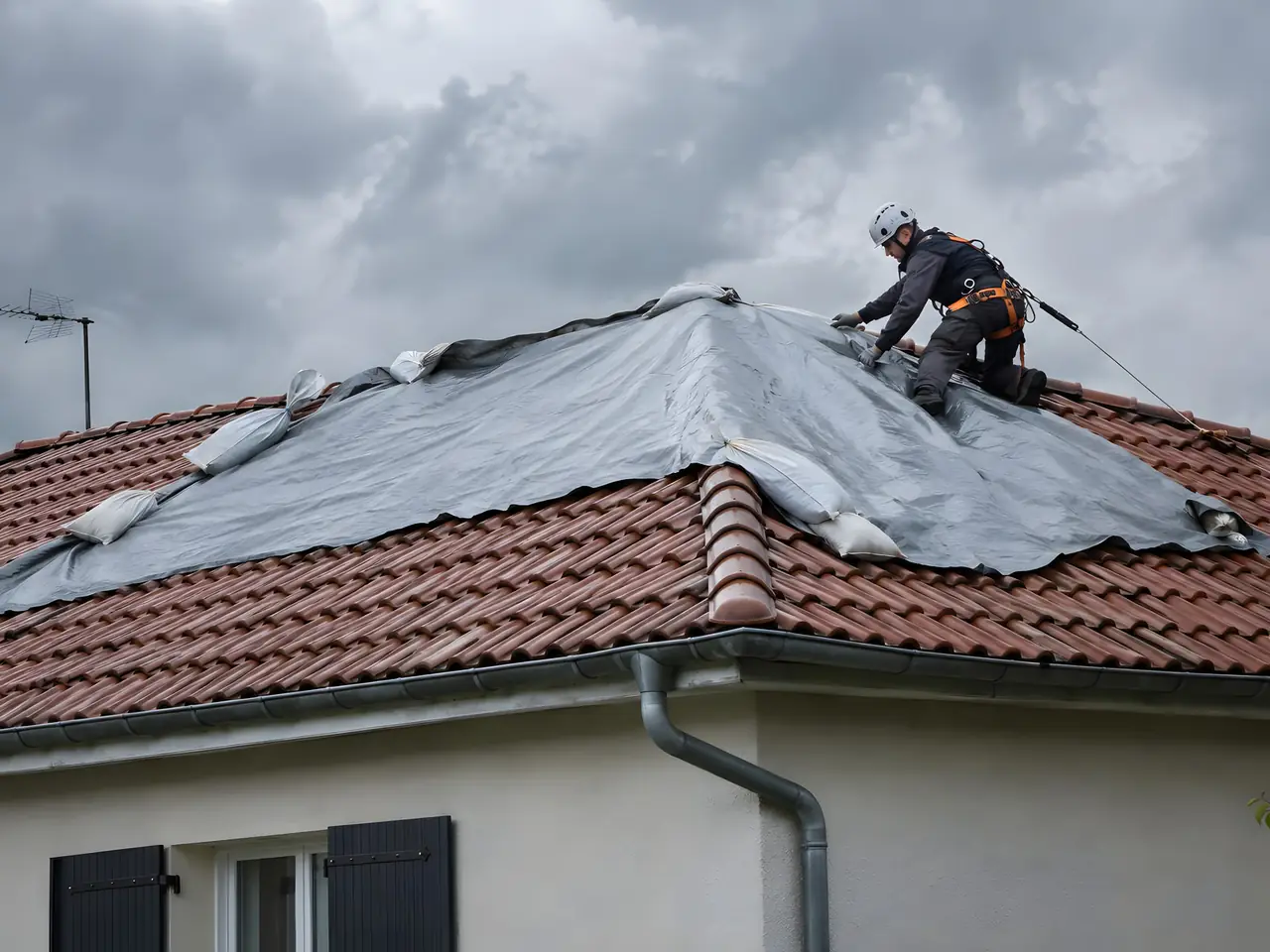 Couvreur harnaché qui tend une bâche grise lestée de sacs sur un toit de tuiles rouges, sous un ciel d’orage