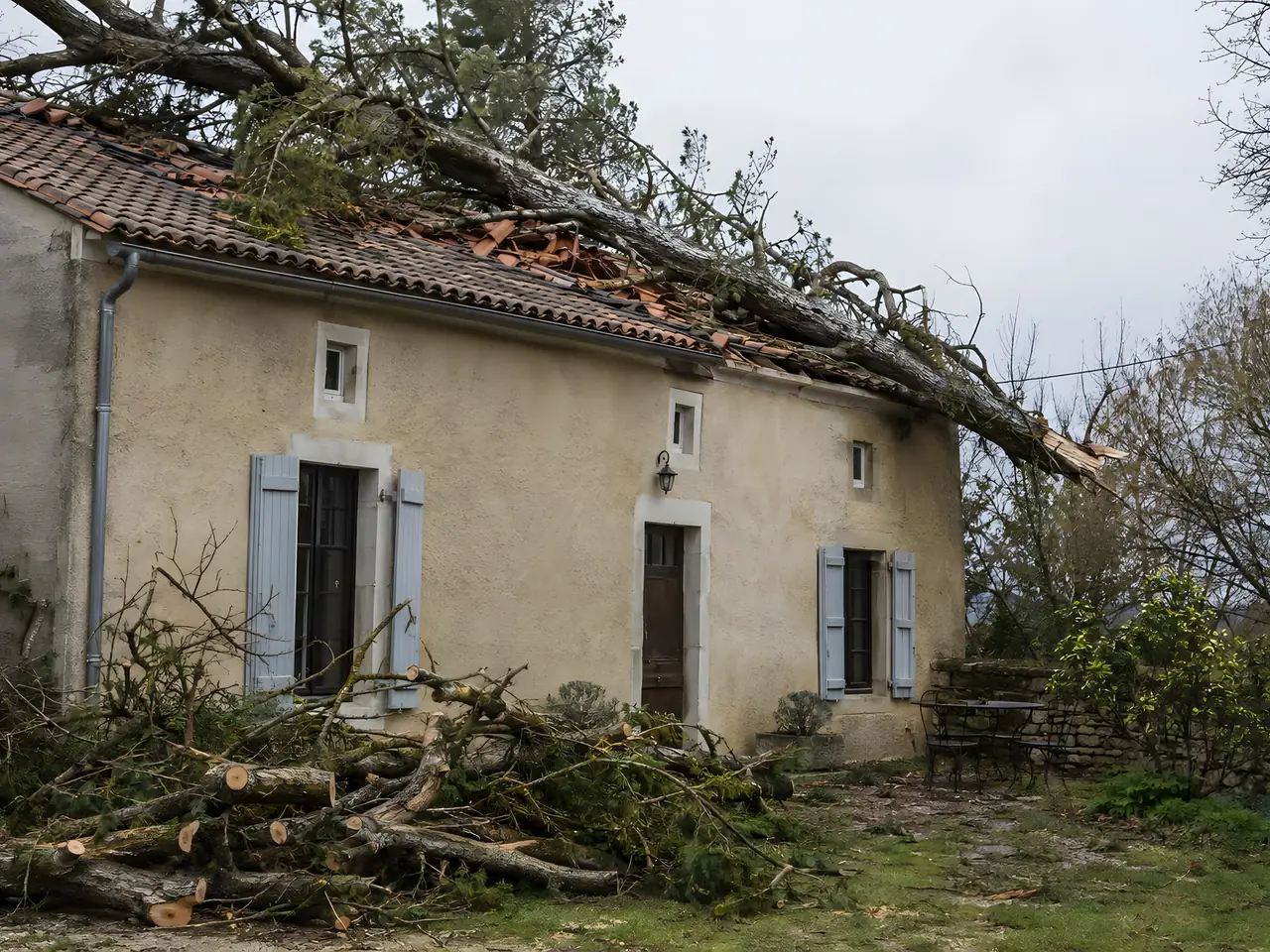 Maison de village enduite au toit de tuiles écrasé par un grand arbre tombé, branches coupées entassées devant