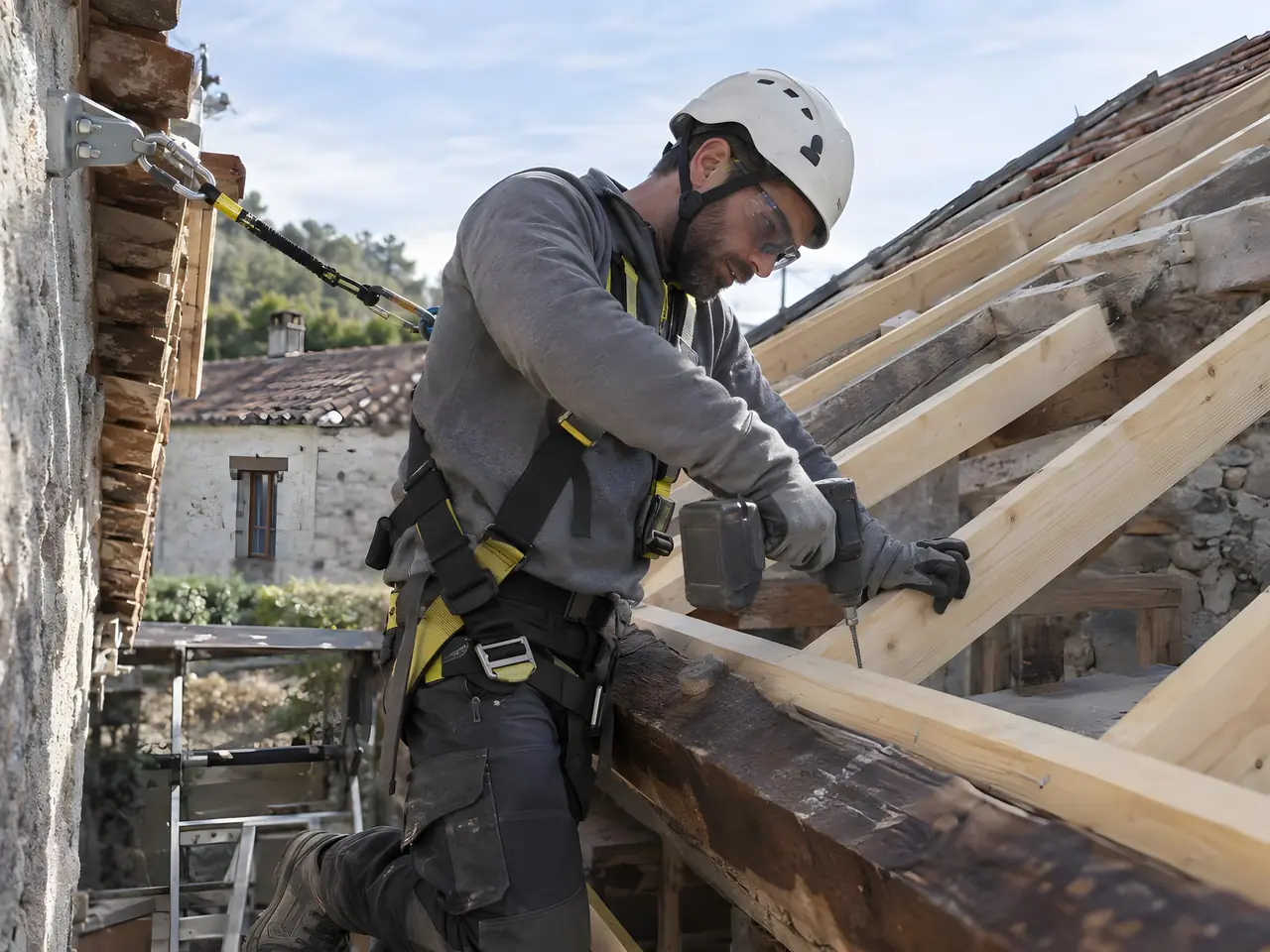 Charpentier harnaché qui visse des chevrons neufs en bois clair sur une vieille panne, contre un mur en pierre