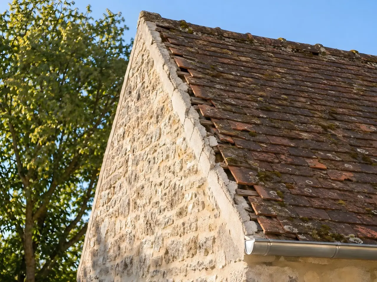 Rive d’un toit ancien le long d’un pignon en pierre, vieilles tuiles moussues et solin de mortier fissuré par endroits