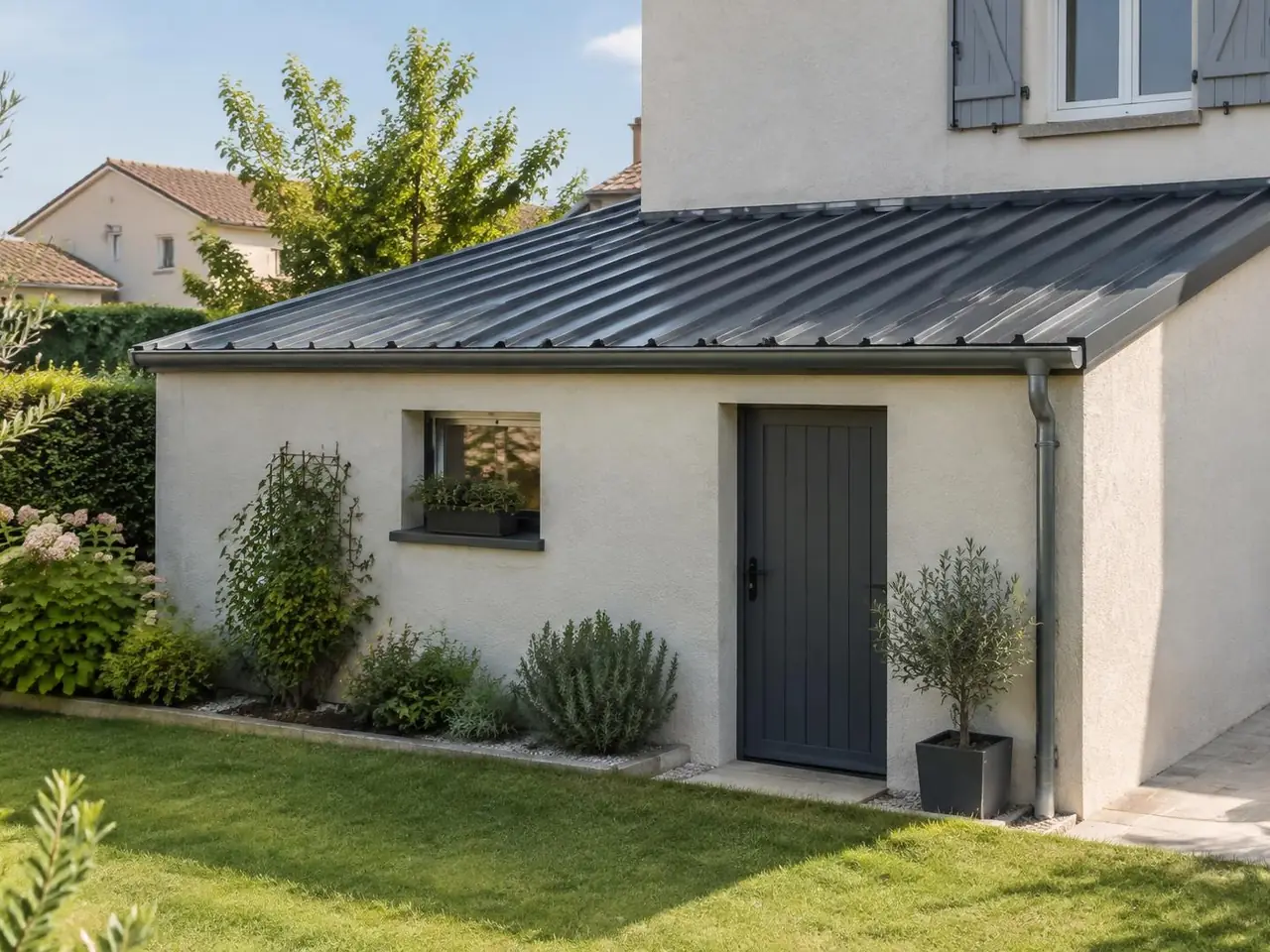 La même annexe couverte d’un toit en bac acier anthracite neuf, gouttière et descente le long du mur