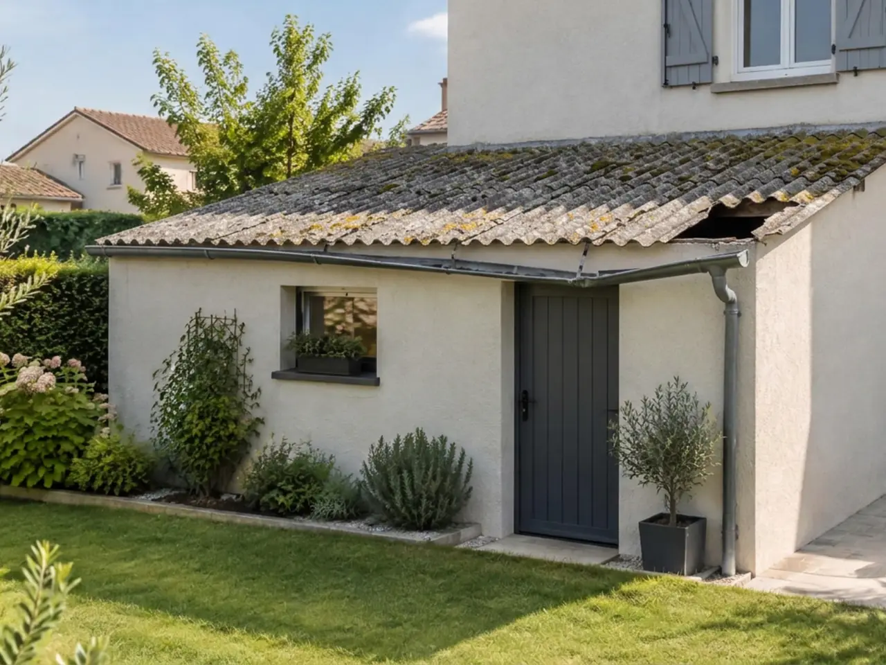 Annexe accolée à une maison, vieilles plaques ondulées grises tachées de mousse et cassées au bord du toit
