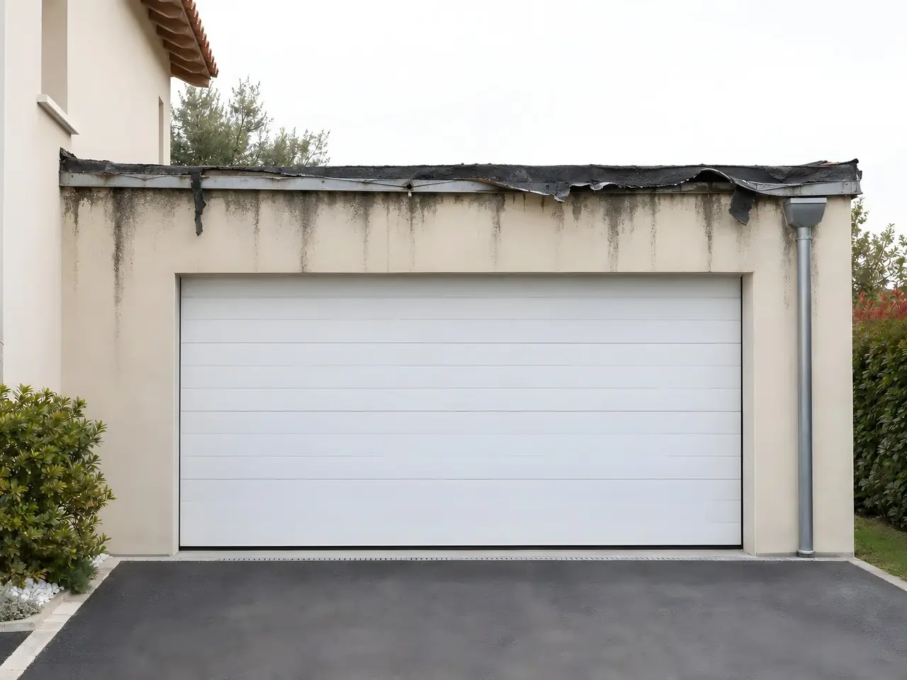 Garage à toit plat, membrane noire décollée qui pend du bord, longues coulures noires sur l’enduit beige