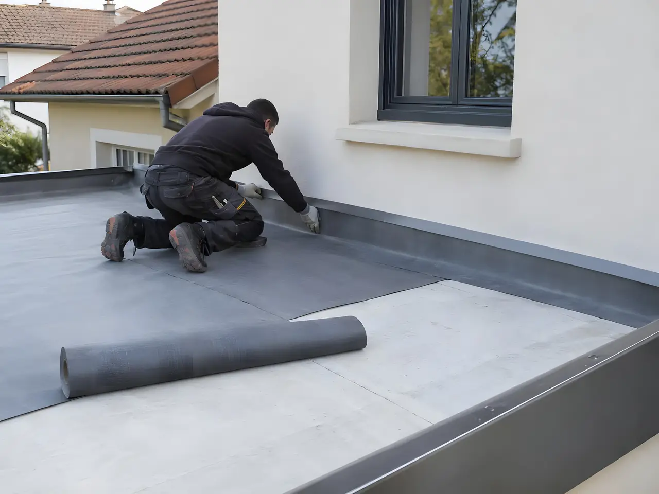 Artisan à genoux qui pose une membrane d’étanchéité grise sur le toit plat d’une extension, un rouleau à côté