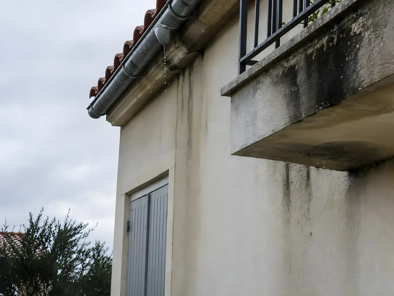 Gouttière qui goutte au coin d’une maison, coulures noires d’humidité sur l’enduit sous un balcon