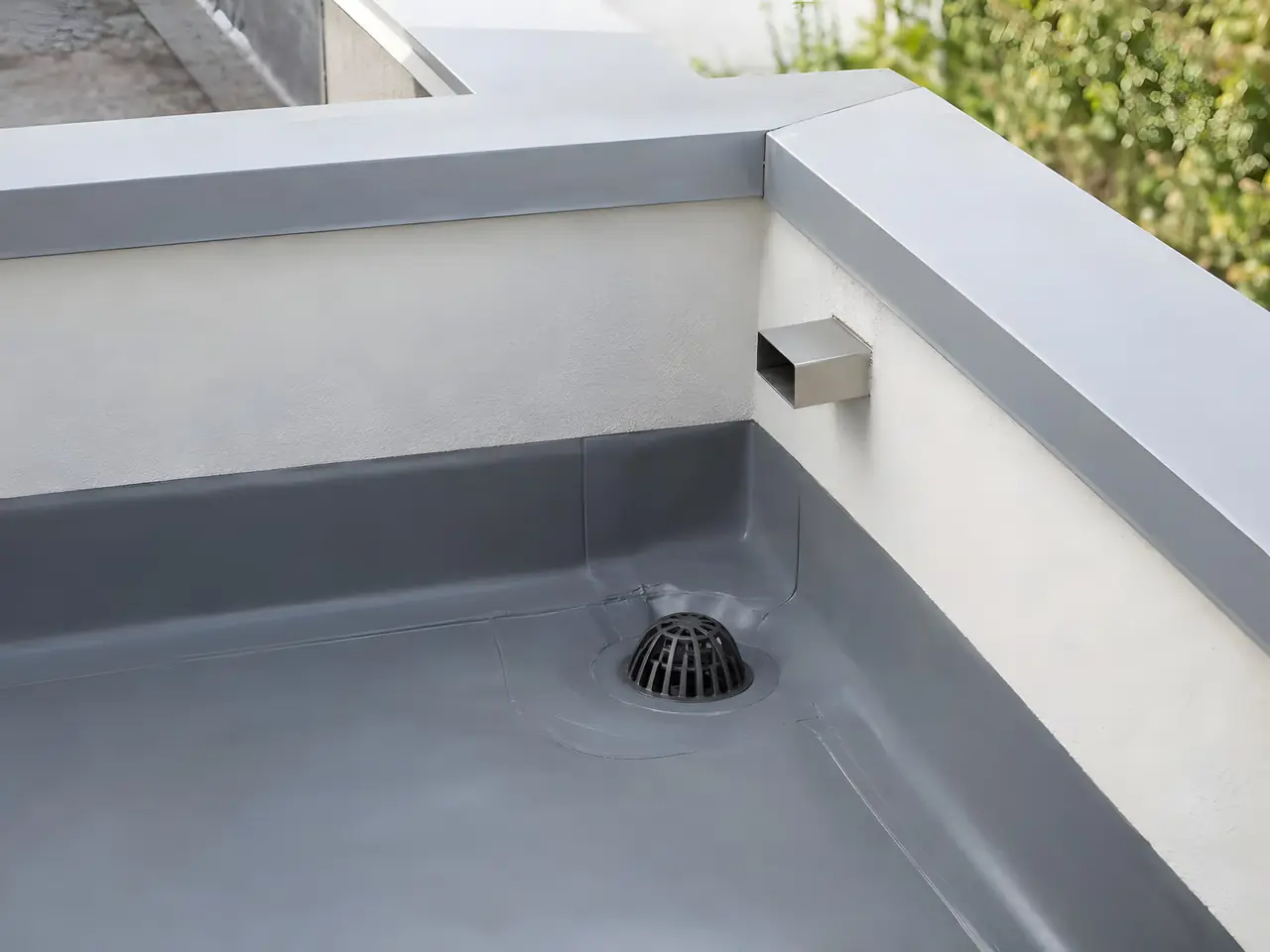 Angle d’un toit-terrasse en résine grise, avaloir à grille noire et trop-plein en inox dans le muret