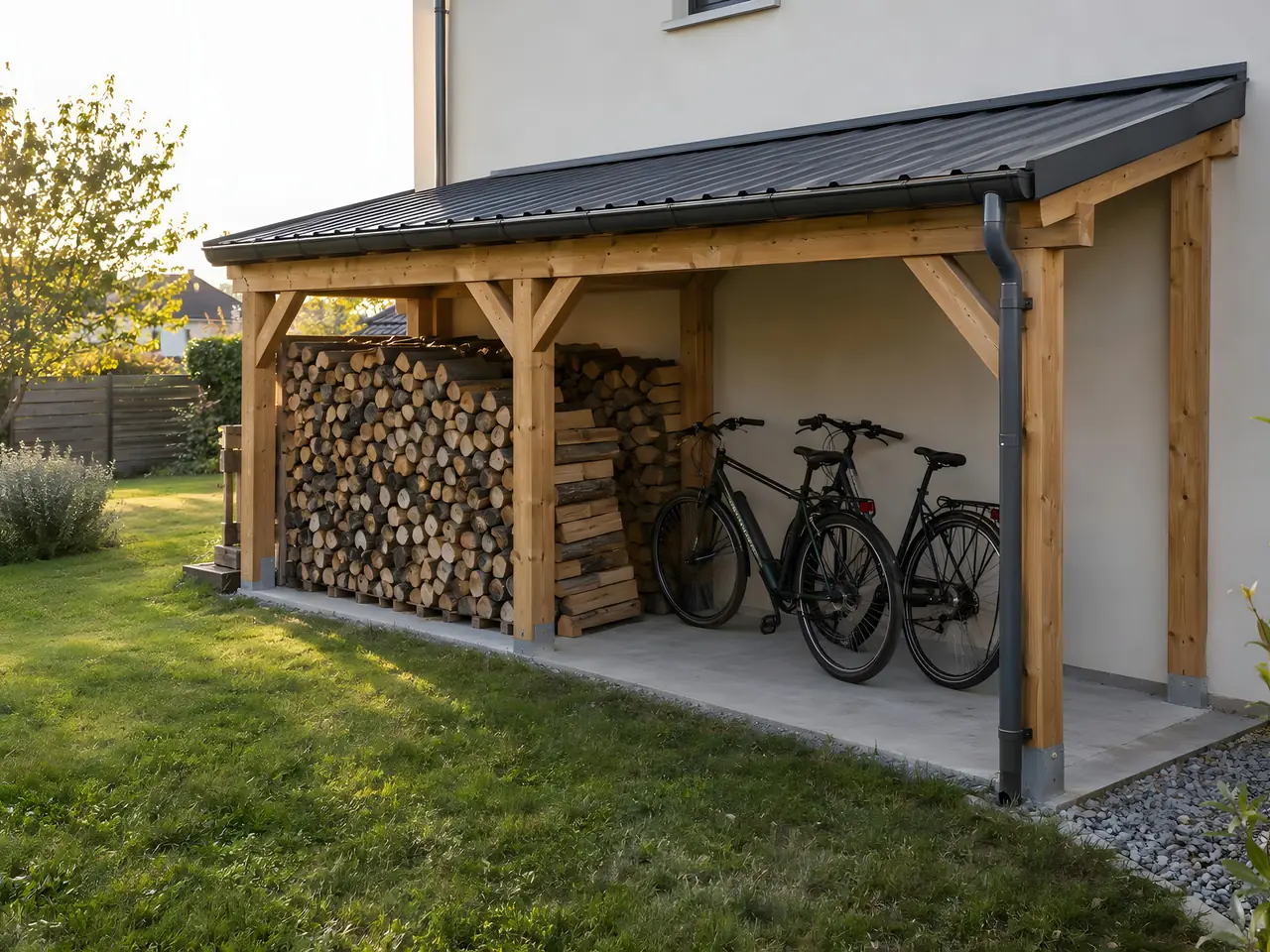 Appentis en bois au toit de tôle adossé à une maison, bûches empilées et deux vélos à l’abri