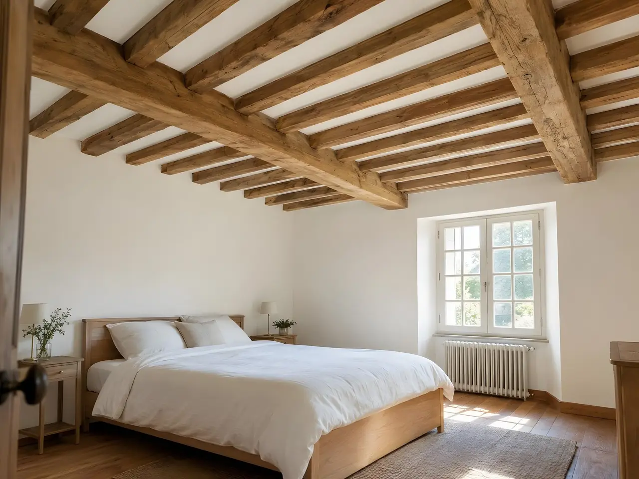 Chambre ancienne sous un plafond à poutres et solives en chêne brun doré, entre-deux blanc, lit au linge blanc