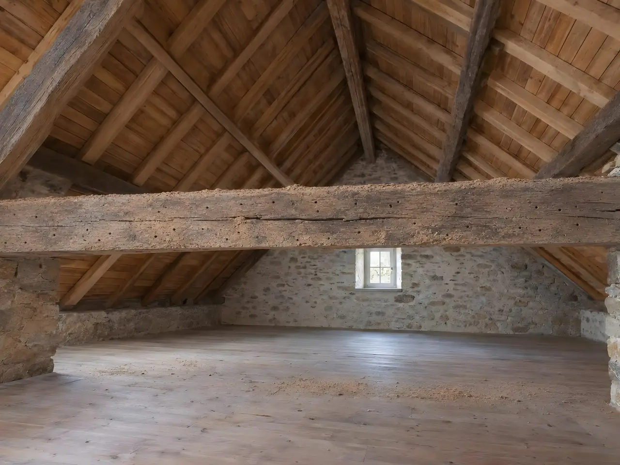 Grenier ancien sous charpente, grosse poutre grise criblée de trous, traînées de sciure sur le plancher dessous