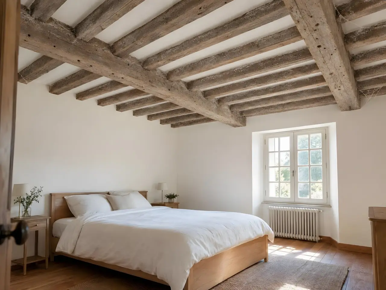 Chambre ancienne sous un plafond à poutres et solives grisées, poussiéreuses, toiles d’araignée entre les bois