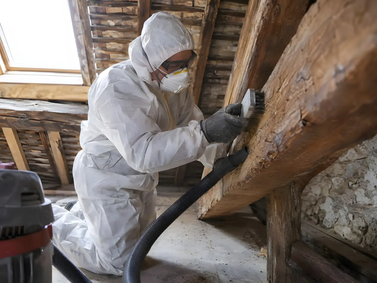 Artisan en combinaison blanche et masque qui brosse une vieille poutre, le tuyau d’un aspirateur tout près