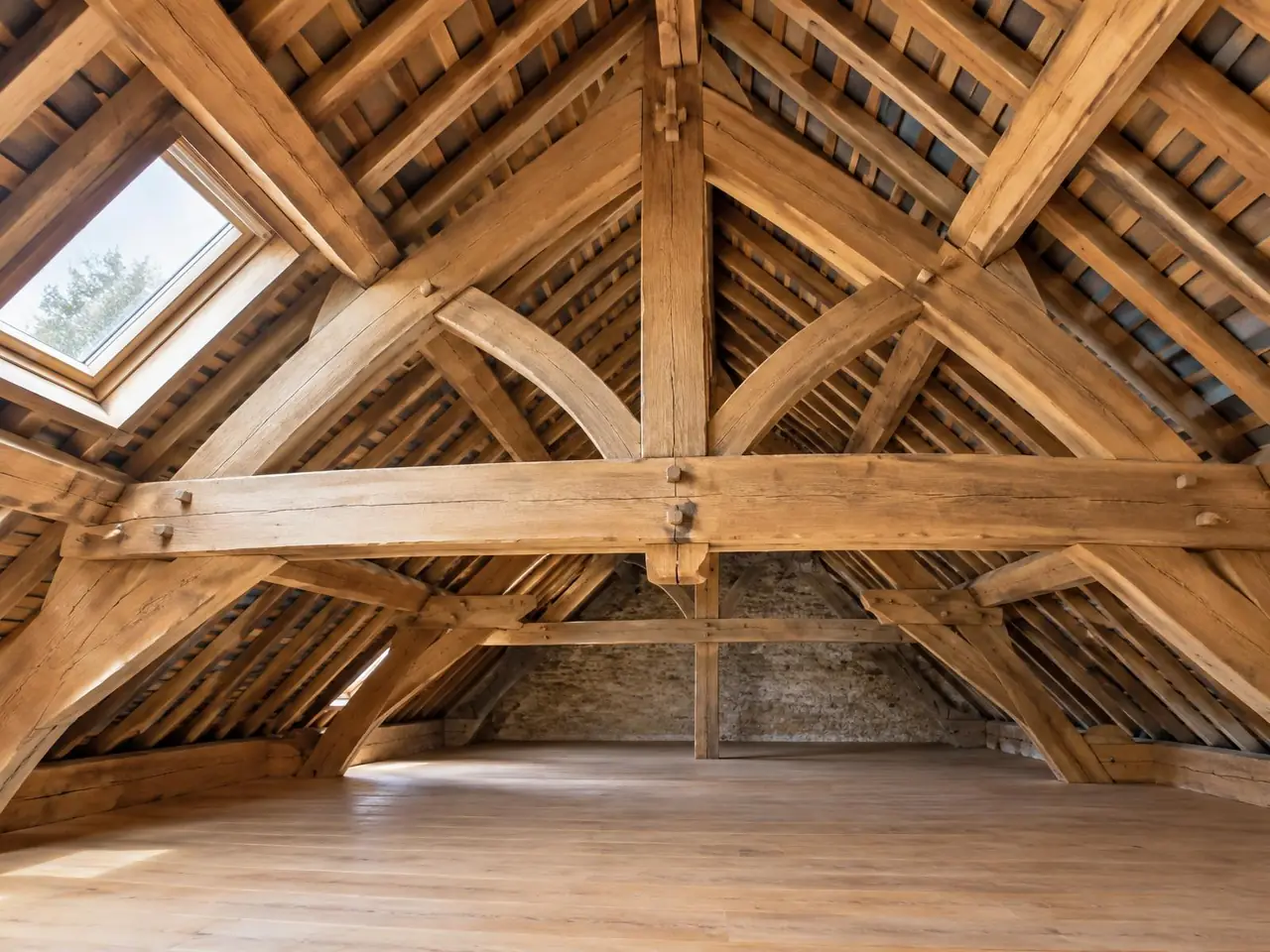 Charpente ancienne brossée, au bois propre et aux assemblages nets, sous une fenêtre de toit