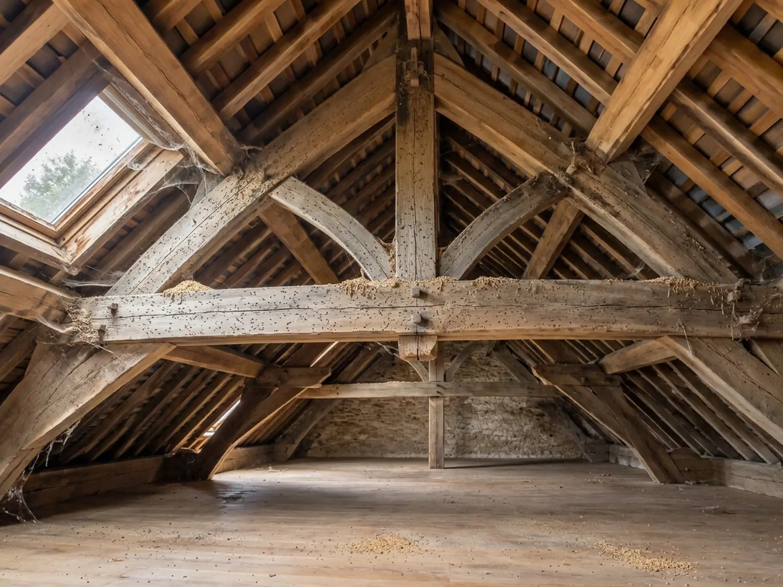 Charpente ancienne vue d’en dessous, bois grisés criblés de petits trous, sciure sur la grosse poutre