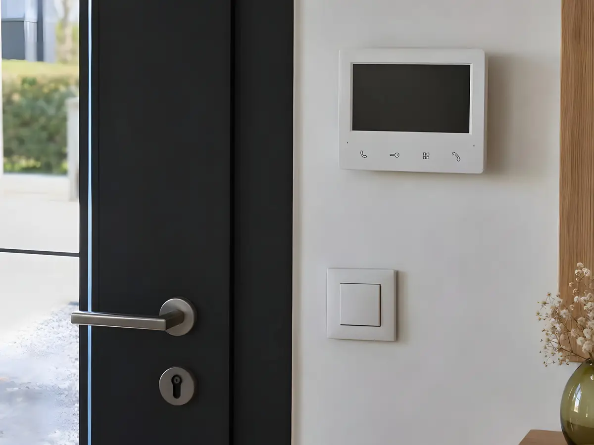 Écran de visiophone blanc posé au mur de l’entrée, au-dessus d’un interrupteur, porte d’entrée ouverte à côté