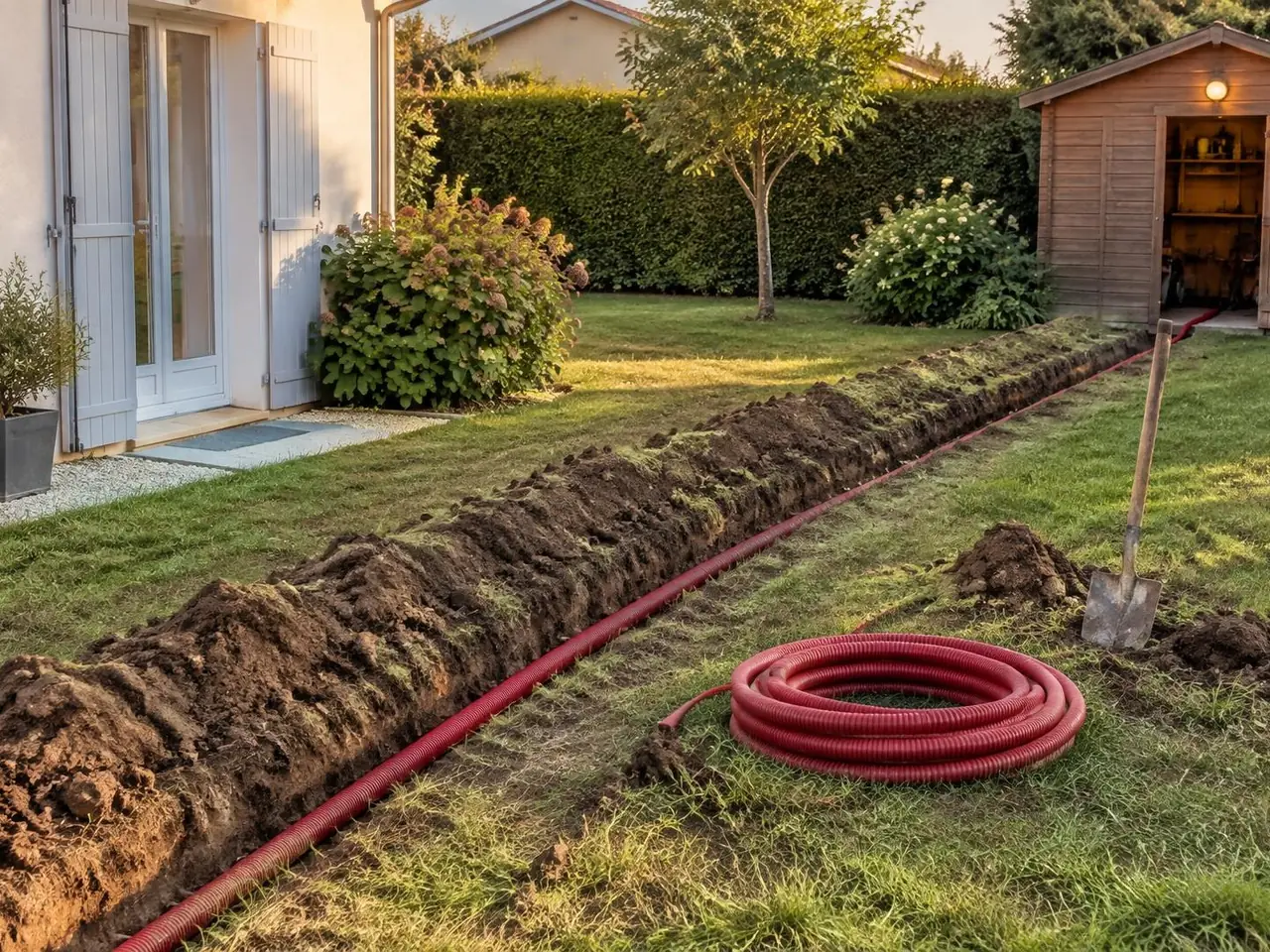 Jardin d’un pavillon : gaine rouge déroulée le long d’une tranchée qui file vers un abri en bois éclairé