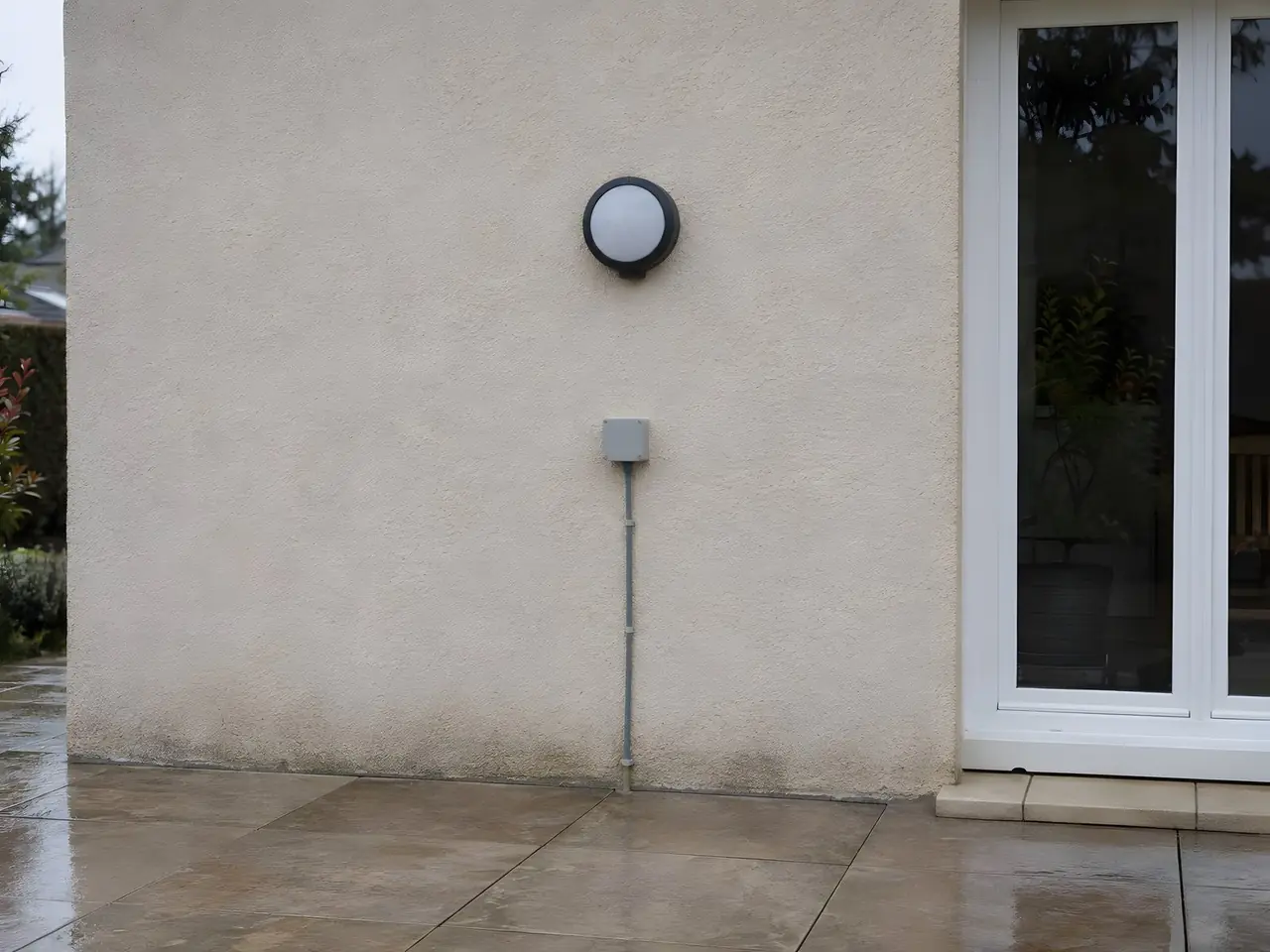 Mur en enduit beige après la pluie, applique ronde anthracite à hublot dépoli, boîte étanche grise et câble fixé droit