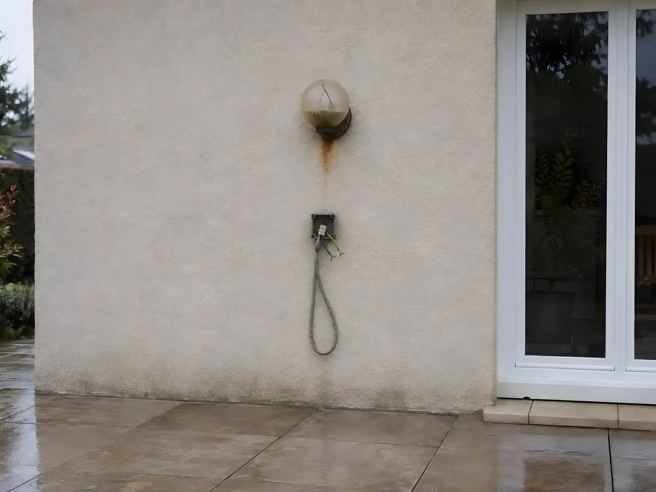 Mur en enduit beige, vieille applique à globe fêlé et rouillé, coulure de rouille, boîte ouverte et câble qui pend