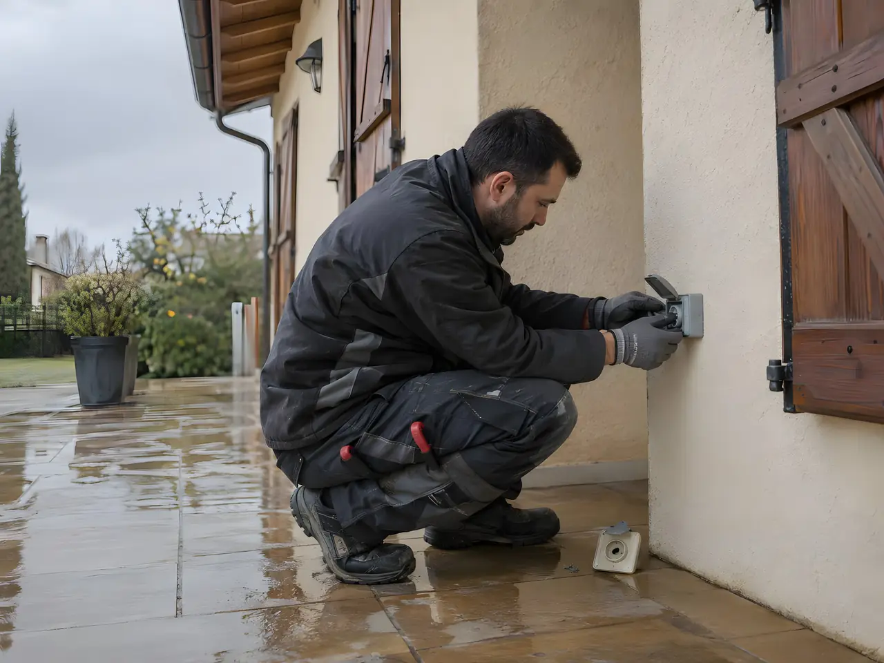 Électricien accroupi sur une terrasse mouillée qui fixe une prise étanche grise au mur enduit, près d’un volet en bois