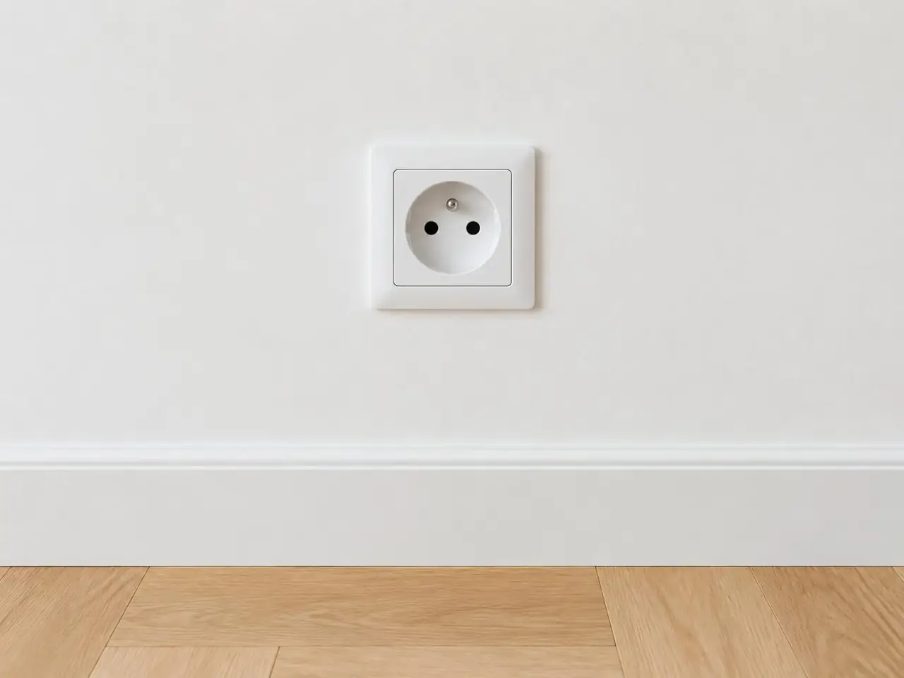 Prise neuve blanche à broche de terre posée au-dessus d’une plinthe, mur blanc propre et parquet en chevrons