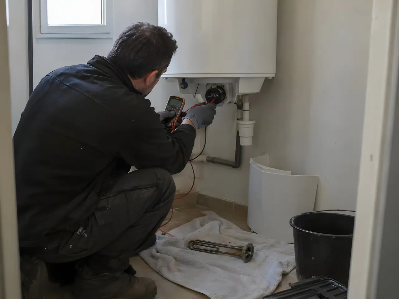 Technicien accroupi qui teste au multimètre le dessous d’un chauffe-eau, vieille résistance posée sur un chiffon