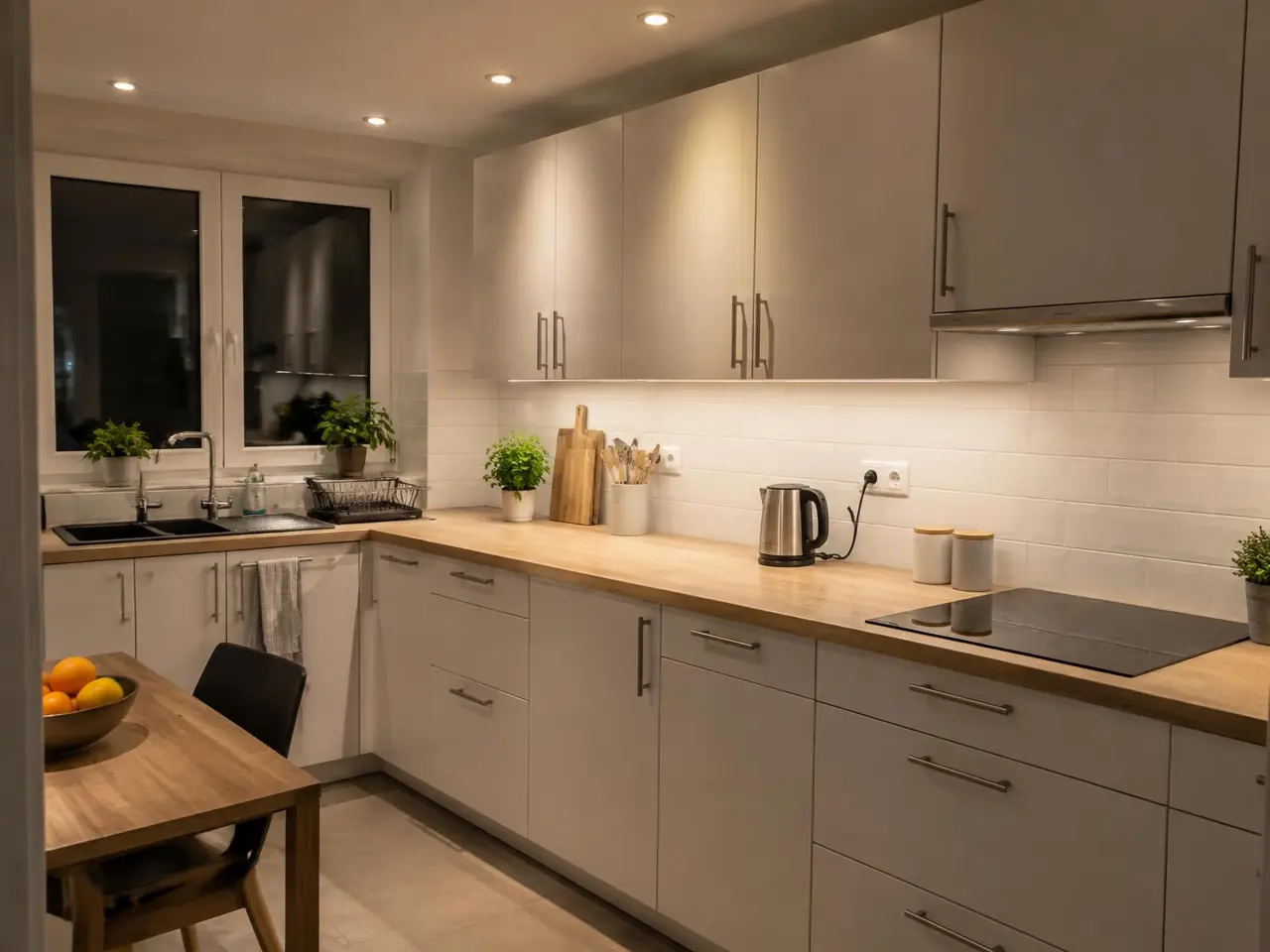 La même cuisine : spots au plafond allumés, bandeau lumineux sous les meubles hauts, plan de travail éclairé