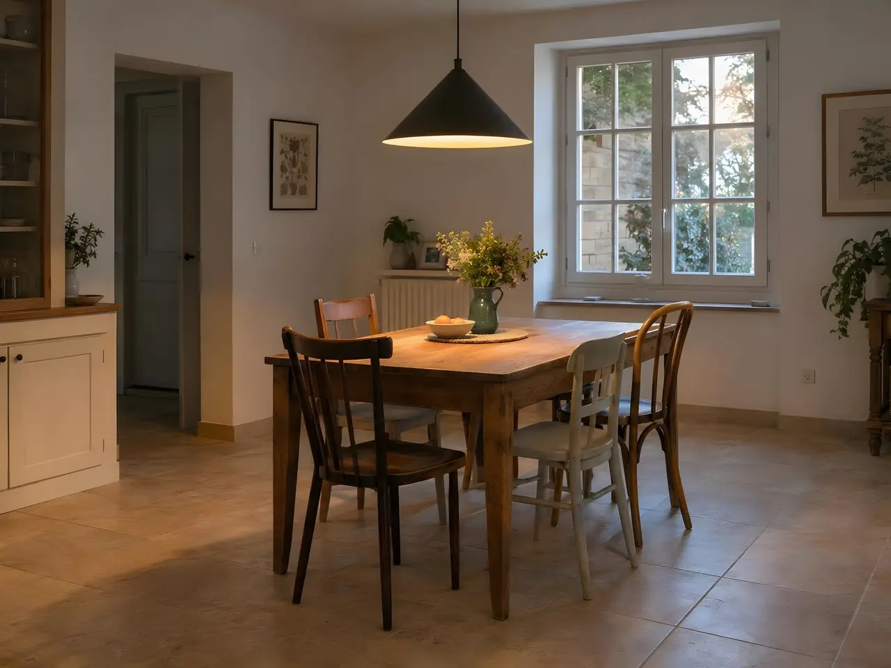 Coin repas, table en bois et chaises dépareillées sous une suspension conique noire allumée, plafond blanc sans fil